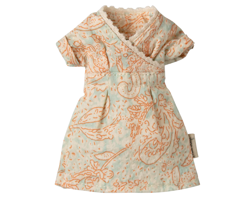 The Maileg Dress For Mum Mouse is a stylish baby outfit with short sleeves, featuring an orange animal pattern on a light teal background. It includes a wrap-style front and lace-trimmed neckline, perfect for your little one's style. Ships in one week.
