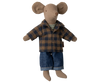 Maileg Extra Clothing: Brown Checked Shirt and Pants for Dad Mouse. This fabric mouse doll wears a brown checked shirt and pants, with large round ears, a pointed nose, and simple stitched facial features. Cotton/linen blend outfit included.