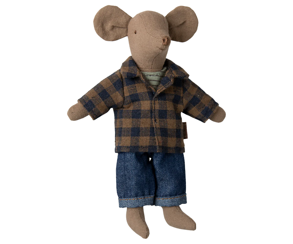 Maileg Extra Clothing: Brown Checked Shirt and Pants for Dad Mouse. This fabric mouse doll wears a brown checked shirt and pants, with large round ears, a pointed nose, and simple stitched facial features. Cotton/linen blend outfit included.