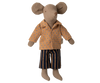 The Maileg Shirt And Striped Pants For Dad Mouse is a fabric doll with large ears, a simple stitched face, a light brown dotted shirt, and dark striped pants. Ships in one week.