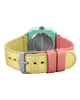 The Mini Kyomo Watch - Bubble Gum features a teal case, silver back, and reversible yellow-pink fabric strap with a silver buckle—a playful pastel kids watch.