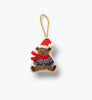 Beary Christmas Embroidered Ornament shaped like a bear wearing a Santa hat, a red scarf, and a patterned blue sweater, featuring a gold cord loop for hanging.