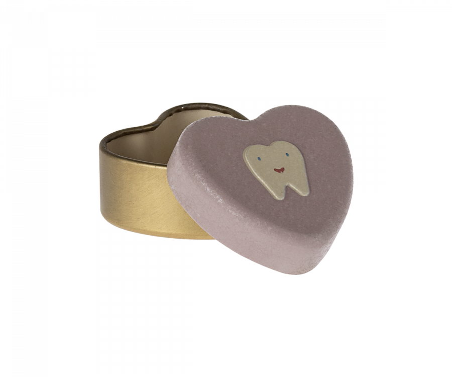 A heart-shaped gold base box with a pink lid featuring a smiling tooth illustration, included in the Maileg Little Sister with Tooth Box Set. The lid sits slightly open, revealing the empty interior.