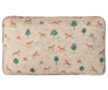 The Maileg Cushion - Unicorn is a rectangular cotton cushion with a whimsical unicorn, green trees, and rainbow pattern on a cream background, finished with floral trim and crafted from quality printed fabrics.