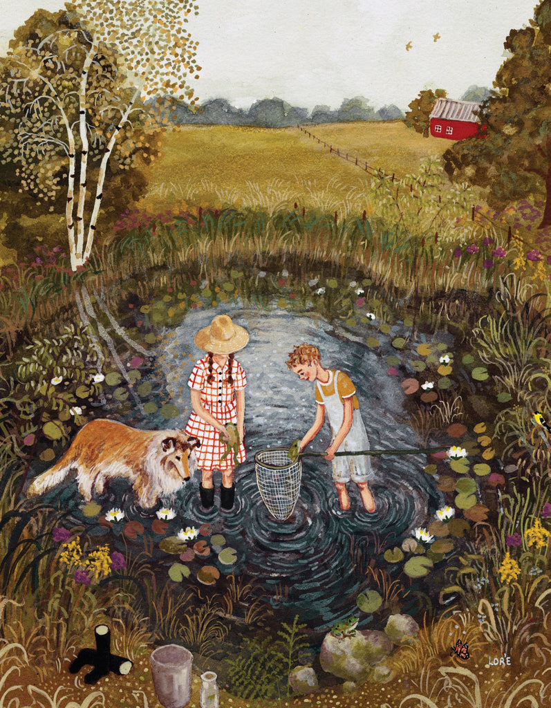 A girl in a sun hat and a boy using a net stand in a lily pad-filled pond with a collie dog in the Dog Days Mini - 100 Piece Mini Puzzle by Loré Pemberton.