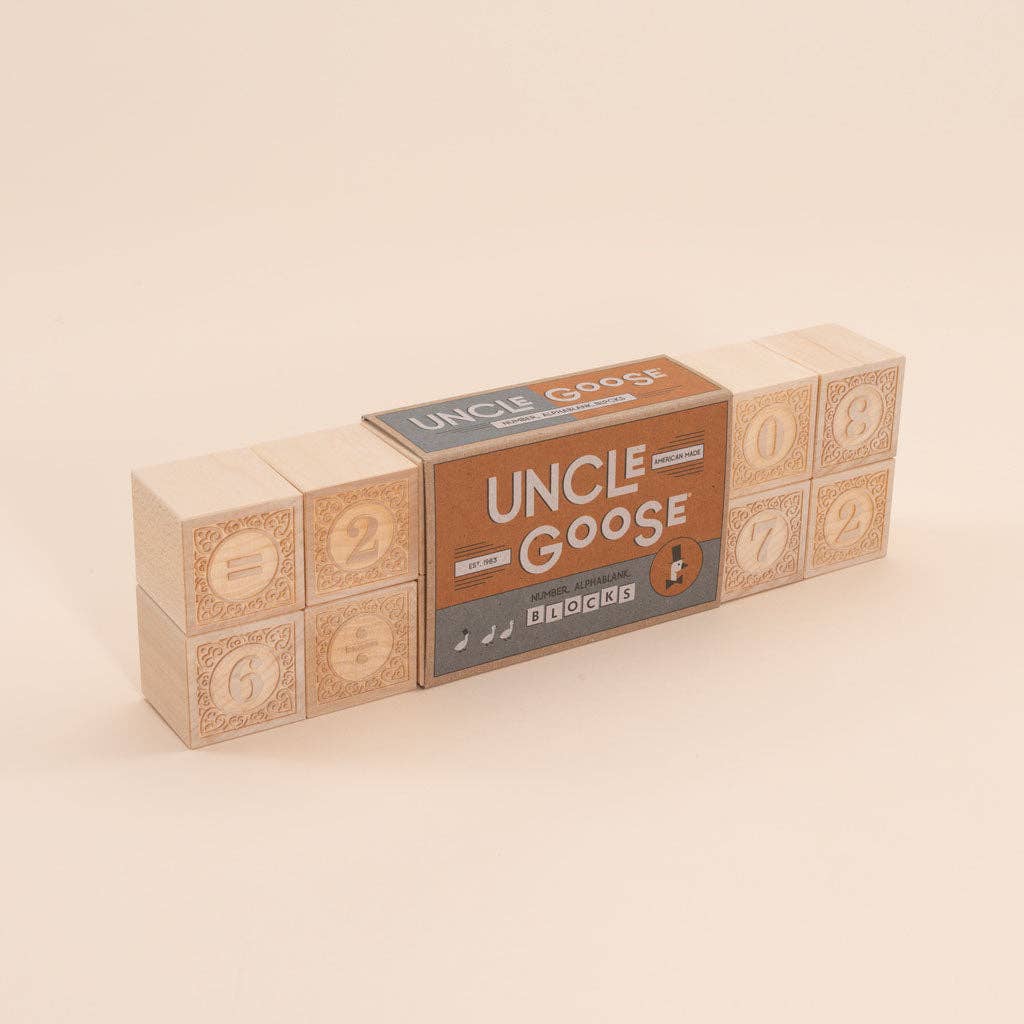 A rectangular package of Uncle Goose Number Alphablank Blocks, showing natural basswood blocks with engraved numbers and designs, and a brown and gray central label.