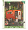 Illustration of dogs in Halloween costumes outside a red camper at night, with pumpkins, bones, and a black cat. The Dogs of Halloween - 500 Piece Jigsaw Puzzle is perfect for any Halloween puzzle fan!.