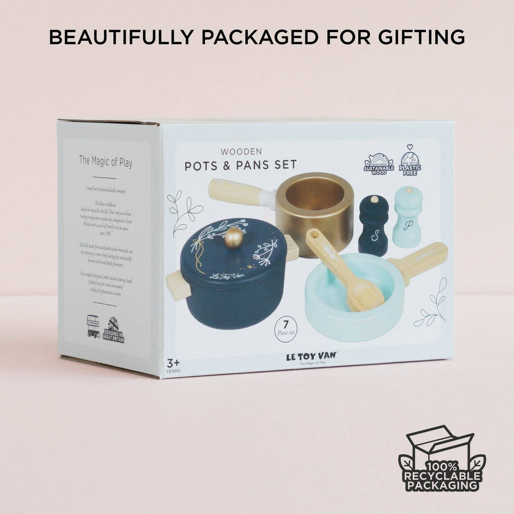 Pots & Pans Kitchen Accessories wooden cookware set in a gift box for pretend play.