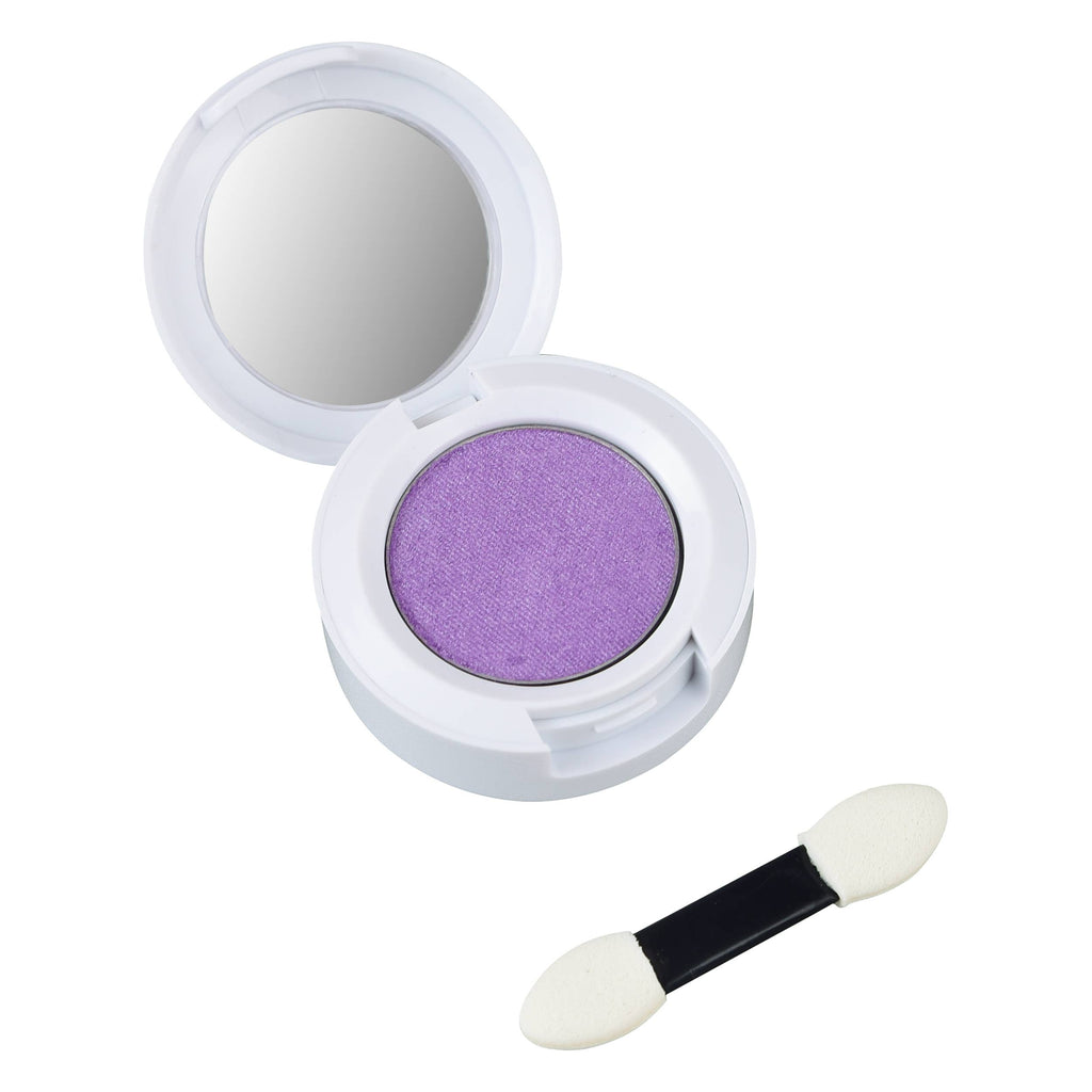 Open white compact from the Klee Naturals Deluxe Makeup Kit - Unicorn Cloud Fairy, containing purple eyeshadow with a mirror and a dual-ended applicator.