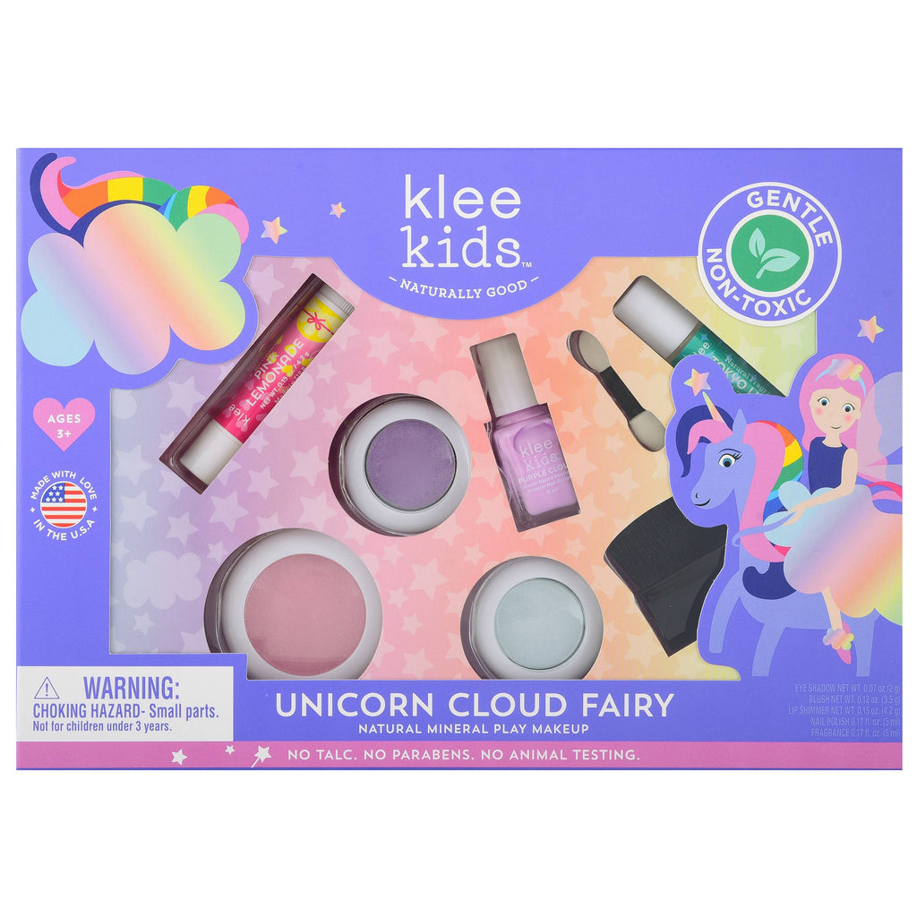 Klee Naturals Deluxe Makeup Kit - Unicorn Cloud Fairy featuring two eyeshadows, blush, nail polish, lip balm, and applicators in a box decorated with a unicorn.