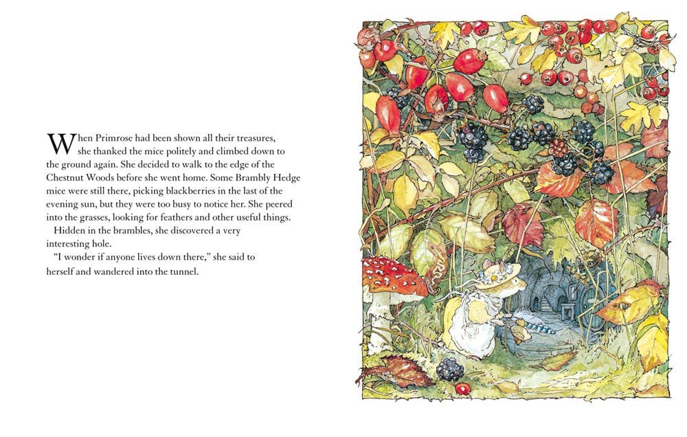 An illustrated page from "Autumn Story : Jill Barklem" shows a mouse in a yellow dress and bonnet picking blackberries by a tunnel, surrounded by autumn brambles, red berries, leaves, and mushrooms. Text is on the left.