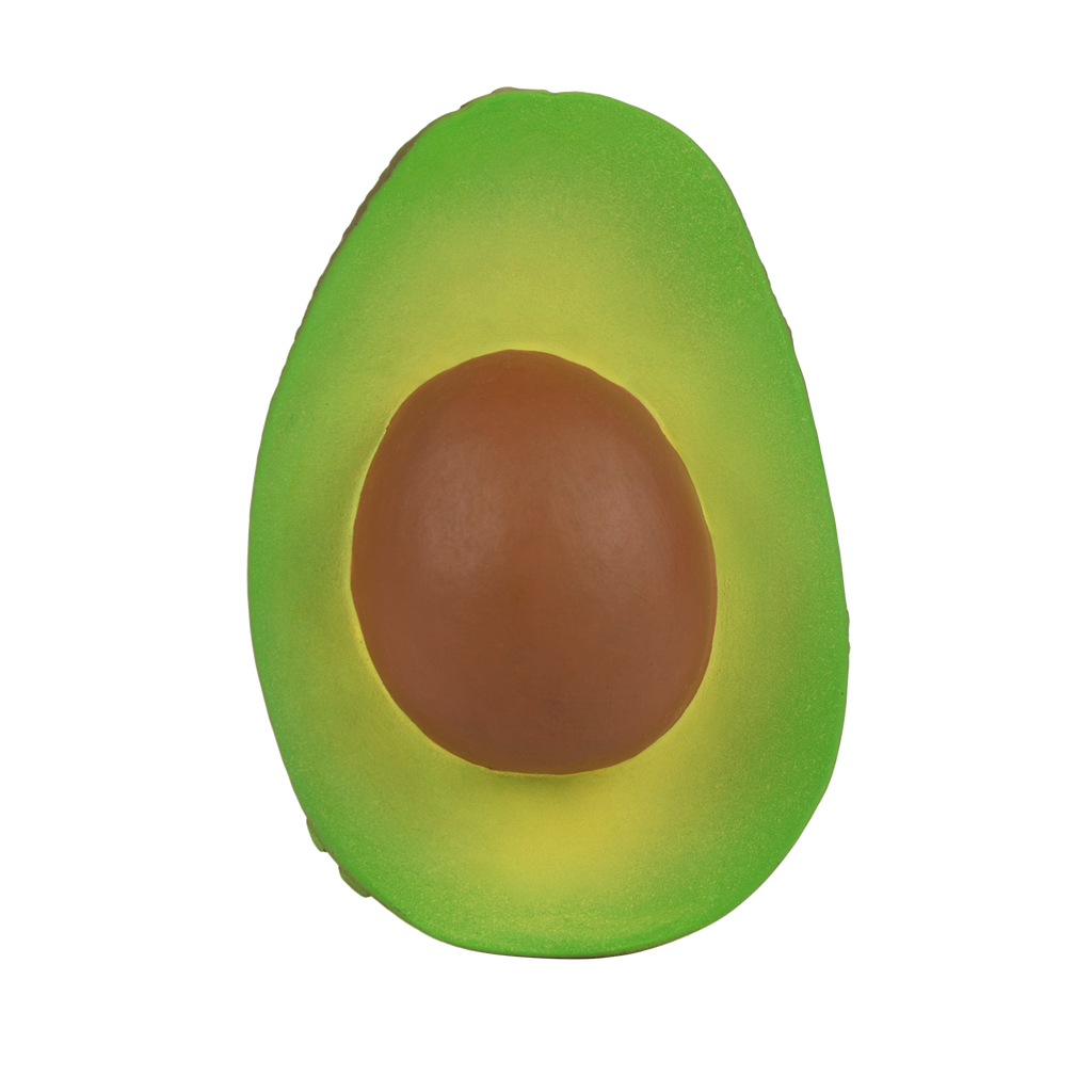 Arnold the Avocado Teething Toy is a safe, natural rubber teether featuring a halved avocado design with a brown seed and green-yellow flesh, offering sensory play for babies.