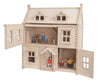 The PlanToys Victorian Dollhouse, crafted sustainably with two floors and open front panels, includes three small rooms furnished with miniature pieces. Four wooden dolls symbolizing a family complete this charming home scene, creating an ideal playtime sanctuary.