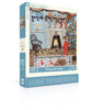 The Merry and Bright - 500 Piece Jigsaw Puzzle box features an illustration of a child decorating a tree near a fireplace, with stockings hanging on the mantle and a rocking chair nearby.