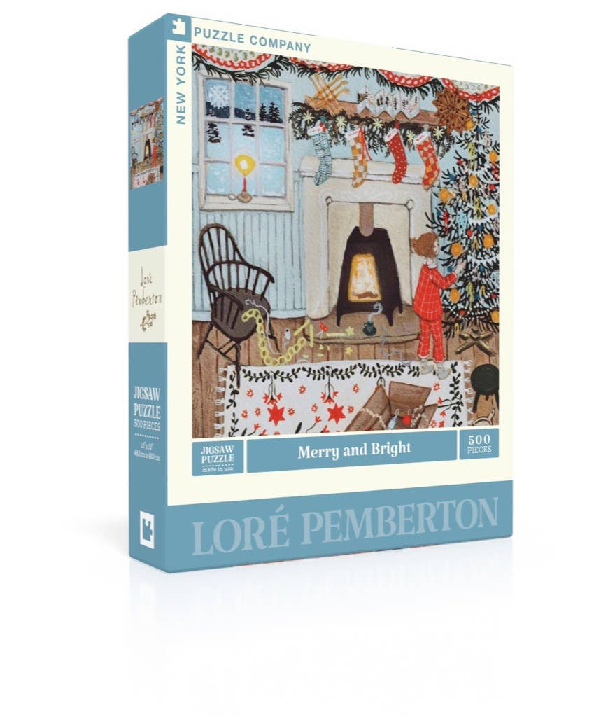 The Merry and Bright - 500 Piece Jigsaw Puzzle box features an illustration of a child decorating a tree near a fireplace, with stockings hanging on the mantle and a rocking chair nearby.