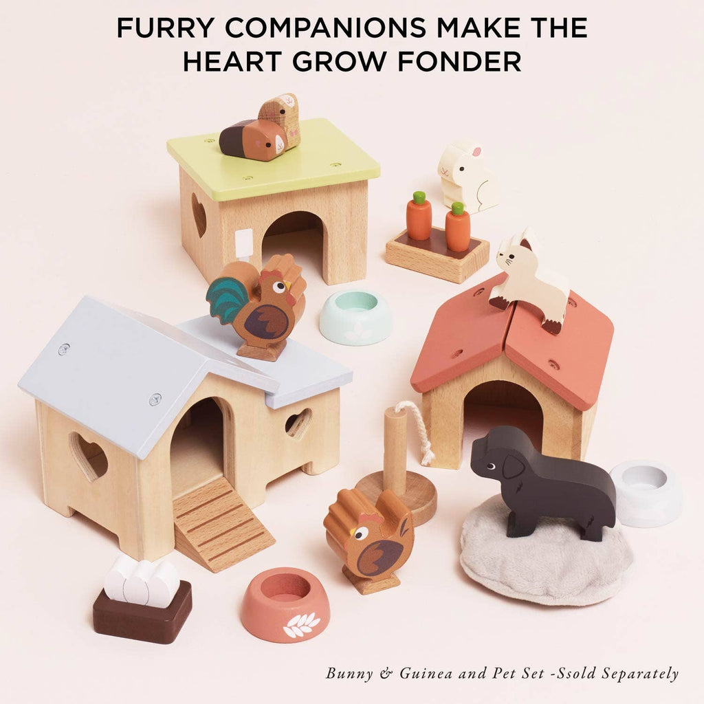 The Dolls House Pet Set is ideal for imaginative play, including small animal figures—a bunny, guinea pig, cat, and dog—plus accessories like food bowls and pet houses. Perfect for little animal lovers!.