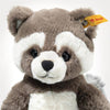 The Steiff Pedro Raccoon 9" is a plush toy featuring gray and white fur, round black eyes, and a yellow Steiff tag in its left ear, shown against a plain white background.