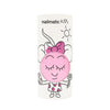 A container of Nailmatic Dolly kids nail polish featuring a cartoon character with a pink smiling face, a bow, and daisies, standing against a white background.