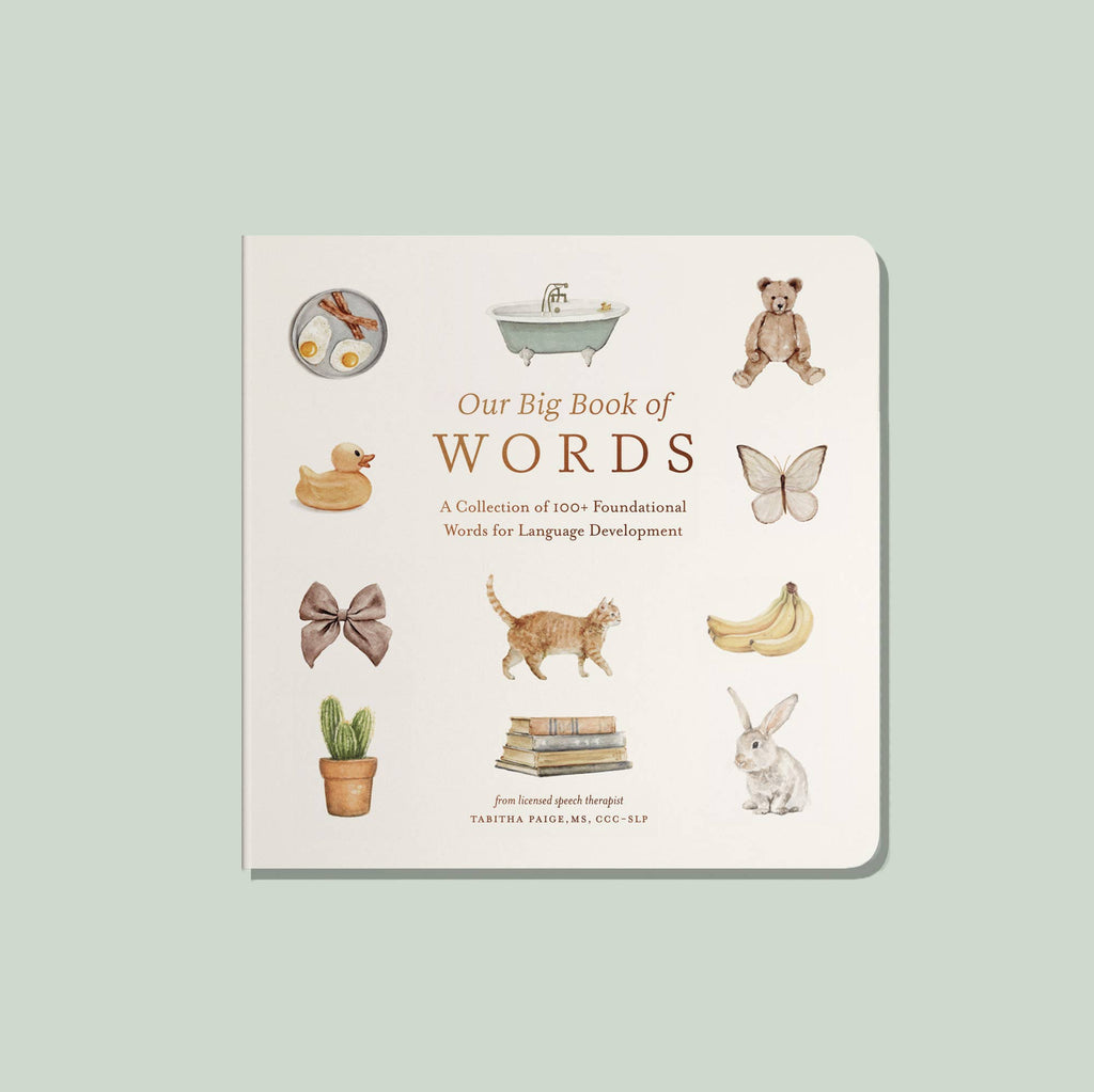 Our Big Book of First Words" is shown on a pale green background, featuring watercolor illustrations of a bathtub, teddy bear, banana, rabbit, cactus, bow, rubber duck, butterfly, and eggs.