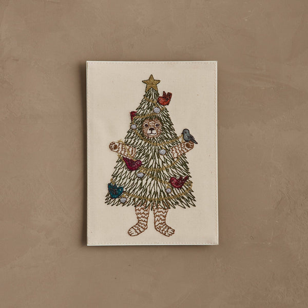 Coral & Tusk Christmas Tree Bear Card featuring an embroidered cotton bear wearing a Christmas tree costume decorated with ornaments, birds, and a gold star.
