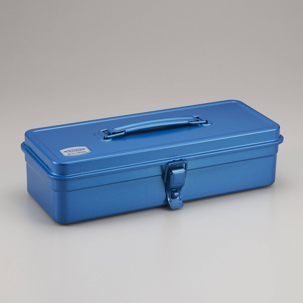 Blue Toyo - Steel Toolbox T-320, a rectangular steel box from Japan featuring a hinged lid, a carrying handle, and a single front latch.