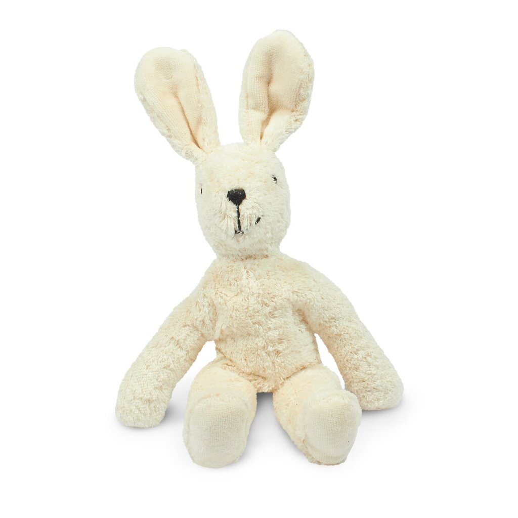 The Senger Naturwelt Stuffed Animal - White Bunny is an off-white plush bunny made from soft organic cotton, featuring floppy ears, black button eyes, and a stitched nose and mouth, shown sitting upright against a white background.