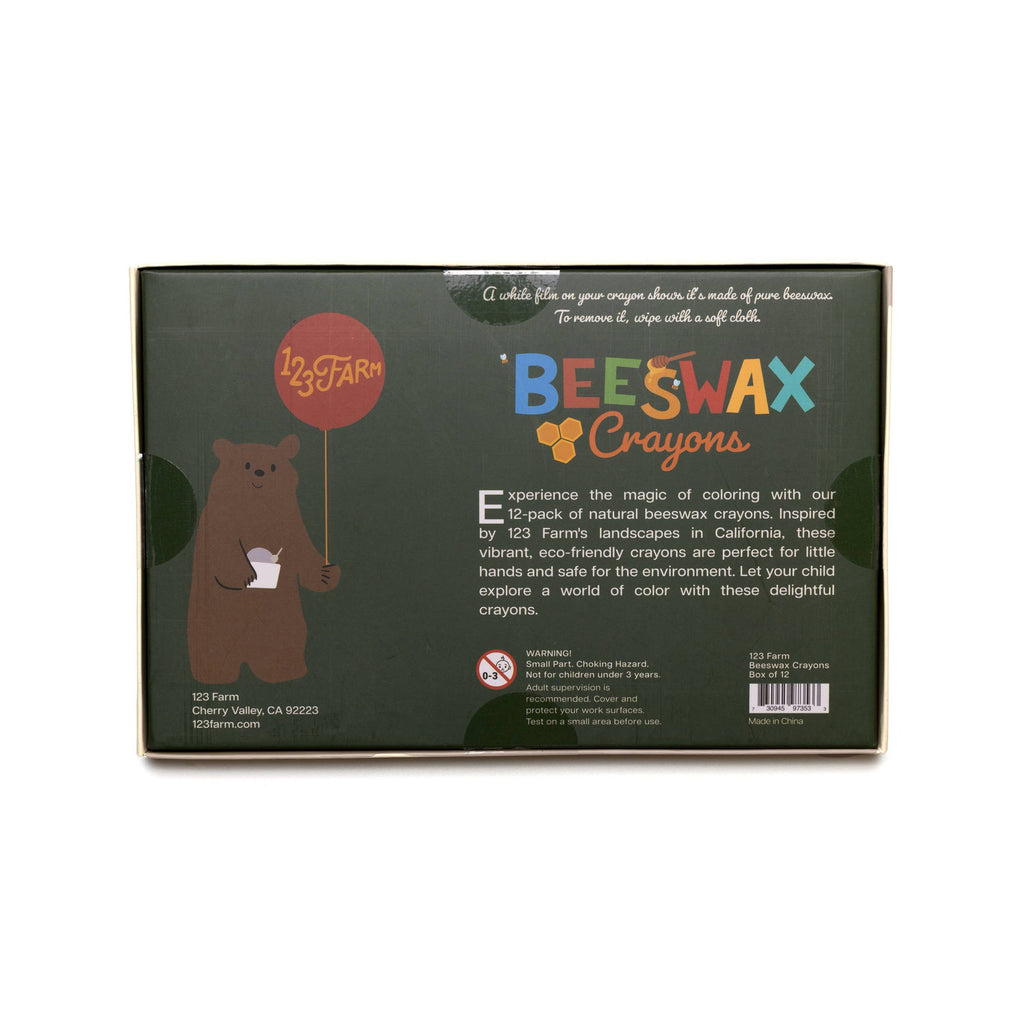 Back of a box labeled "12 Beeswax Crayons – Non-Toxic" from 123 Farm, showing a bear with a red balloon, eco-friendly crayon details, and product info on a white background.