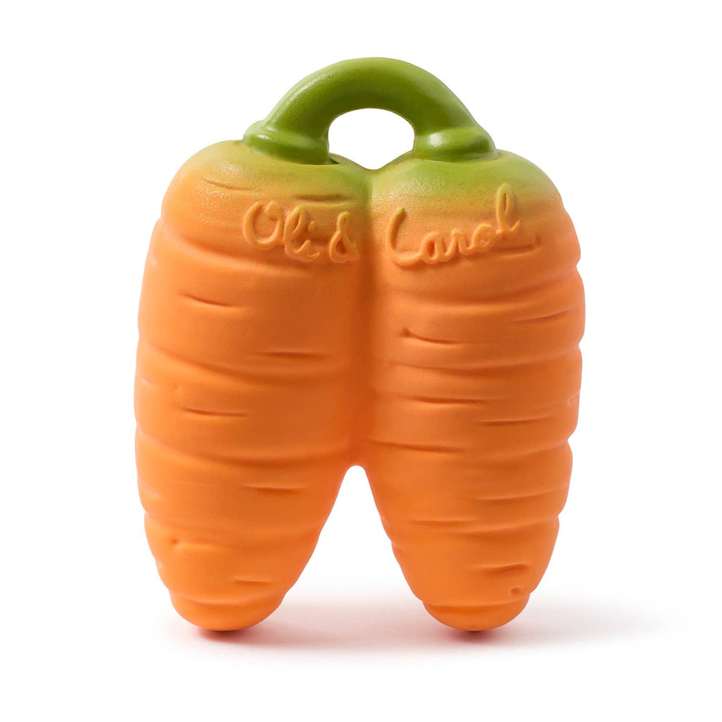 Cathy the Carrot Mini DouDou Teether—two orange carrots with a green top and handle, "Oli & Carol" embossed, made from natural rubber; ideal for sensory development.