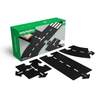 The Large Flexible Toy Road Set - Highway (24-Piece) is shown, featuring black interlocking road pieces with white markings, a green and white box, and two small wooden toy cars to inspire creative play.
