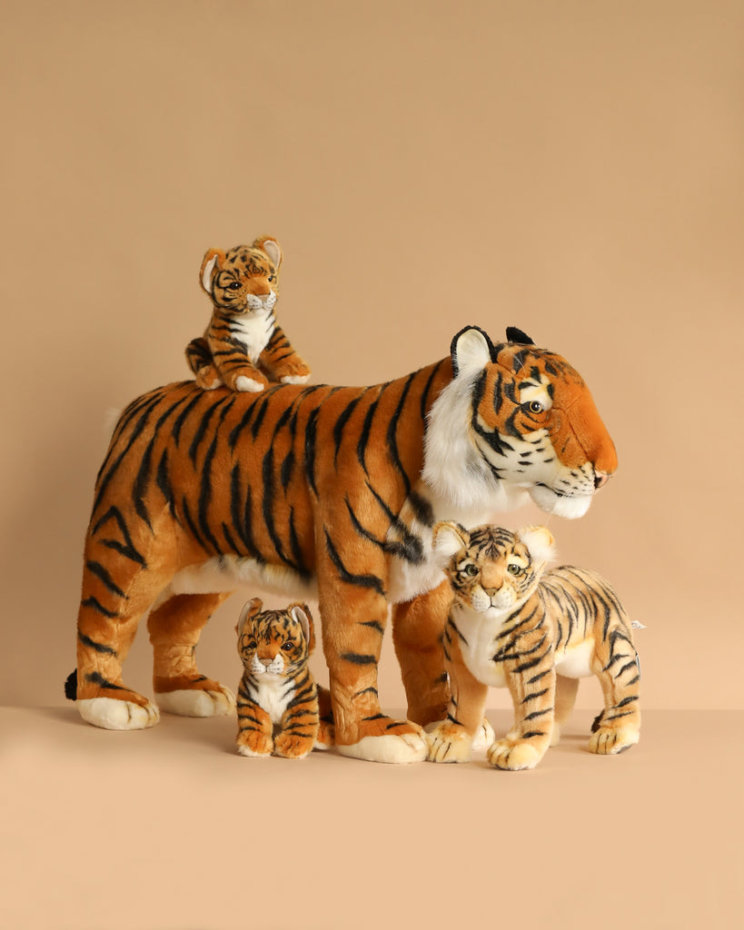 Four Ride-On Tiger plush toys of different sizes are displayed against a beige background. One small Ride-On Tiger sits atop a large one, while two smaller tigers are placed in front and beside the large toy, each showcasing lifelike details.