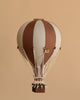 The Hot Air Balloon - Dark Brown features brown and beige stripes with a woven basket, suspended against a plain beige background—ideal as wooden balloon decor for a children's room.