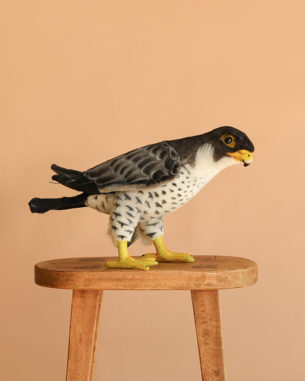 The Falcon Bird Stuffed Animal features lifelike detail with yellow feet and beak, standing on a wooden stool against a beige background—showcasing the realistic craftsmanship HANSA is known for in stuffed animals.