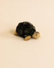 A Steiff Slo Tortoise 8" plush toy with a dark shell and a light brown head and limbs, positioned on a light beige background.