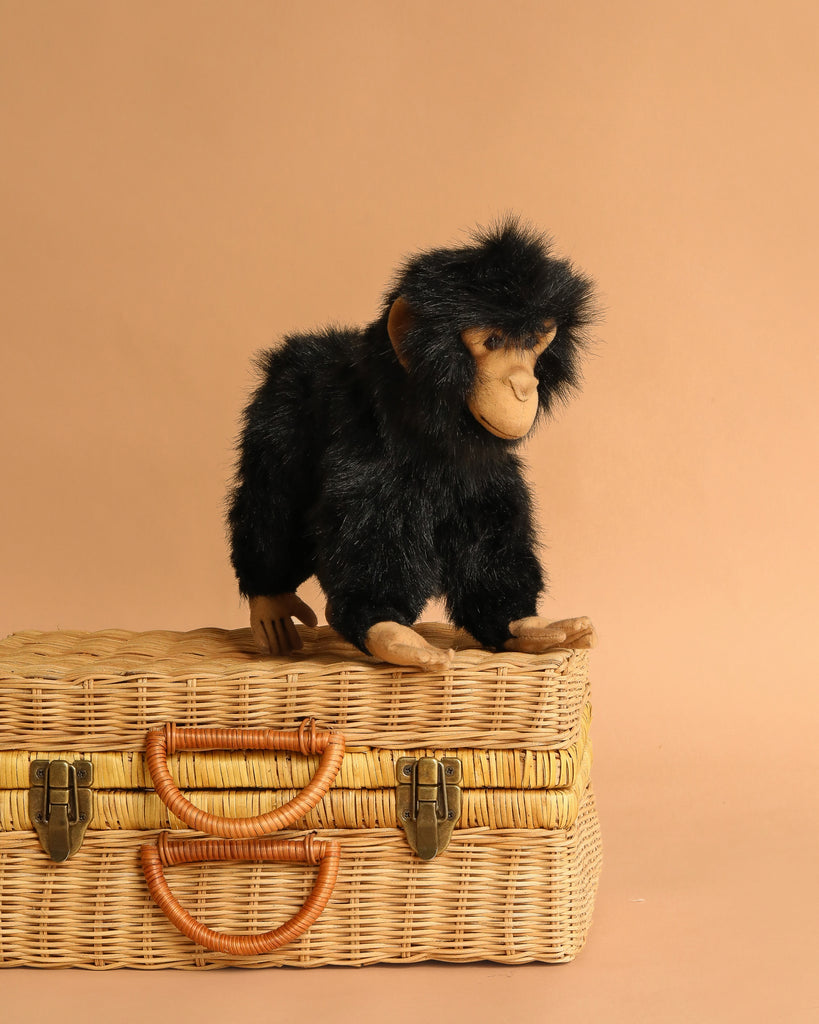 The Chimp Monkey Stuffed Animal, featuring black and brown plush, stands on a closed woven wicker suitcase with leather handles against a plain beige background.