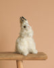 The White Bunny Stuffed Animal sits upright on a wooden bench with black ear tips, realistic features, and hand-sewn charm against a beige background.