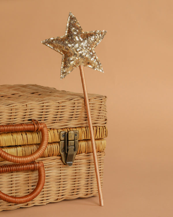 The Magic Wand - Gold Sequin Star rests beside a glitter crown and a wicker basket with curved handles and a metal latch, all set against a plain beige background.