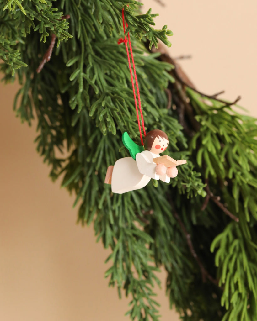 A delightful Christian Ulbricht Ornament - Angel with a white dress and green wings hangs from a red thread on a branch of green pine against a beige background. Made in Germany, this angel holds a small pink object in its arms.