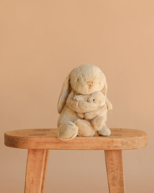 Snuggle Bunnies - Frankie the Hugging Bunny - Caramel sits on a wooden stool against a plain beige background, cuddling a smaller plush toy.