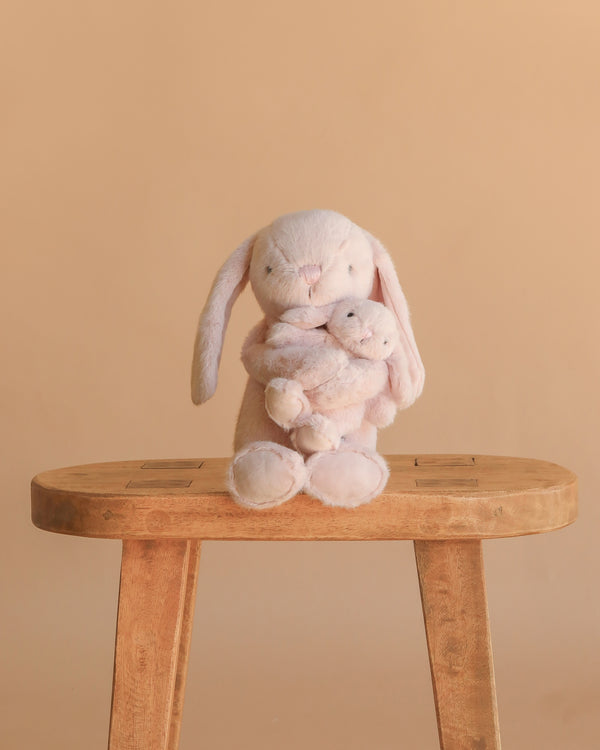 Meet Snuggle Bunnies - Frankie the Hugging Bunny - Blossom: Two soft, light beige plush bunnies with floppy ears and gentle expressions, as the larger bunny lovingly hugs the smaller one, both sitting together.