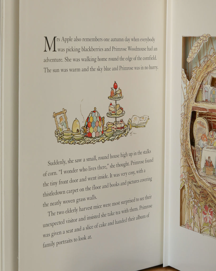 A page from *The Brambly Hedge Pop-Up Book by Jill Barklem* displays an illustrated table with teapots, cups, fruit, and cakes as Mrs. Apple enjoys an autumn walk and receives an invitation to a cozy mouse home from Primrose Woodmouse.