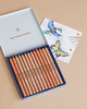 The Moulin Roty Botanist Coloring Book with Stockmar Pencil Set is open next to an illustrated card featuring colorful birds, with a few colored pencils resting on it—all arranged on a beige surface.