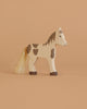 Holztiger Handmade Wooden Farm Animals Set toy horse with brown spots, a painted mane, and a fibrous tail.