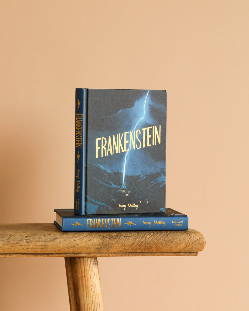 A Frankenstein | Wordsworth Collector's Edition | Hardcover with a lightning bolt cover stands upright on a rustic wooden bench, another copy lying flat below it, all set against a plain beige background.