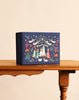 A navy blue rectangular Nativity Large Embroidered Keepsake Box featuring an embroidered nativity scene with angels, the Holy Family, wise men, animals, and stars.