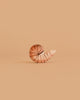 The Bumbu Handmade Wooden Spiral Shell, featuring dark stripes, stands upright on a plain peach background. This minimalist and eco-friendly Montessori toy is centered in the image with no other objects present.