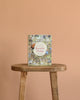A hardcover of "A Visit to Brambly Hedge by Jill Barklem" stands upright on a wooden stool against a plain peach background, inviting you into its charming hedgerow world.