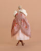 A headless dress mannequin displays the Maileg Queen Dress, Mum Mouse: a pink floral princess dress with white lacy skirt, faux fur stole, and jeweled crown—ideal inspiration for doll or mouse accessories on a plain beige background.