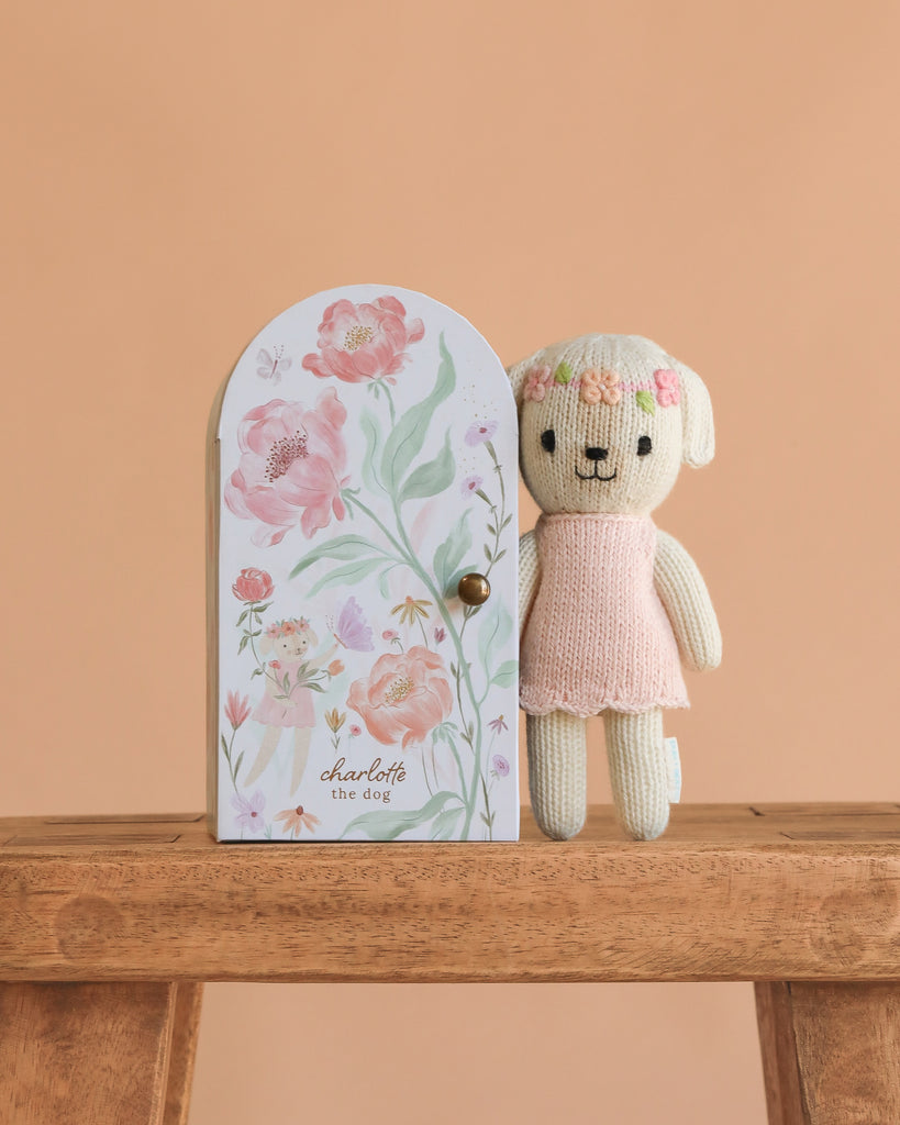 The Cuddle + Kind Tiny Charlotte The Dog, a hand-knit doll in a pink dress, stands beside a floral-patterned door labeled "charlotte the dog" on wood with a peach background. Handmade in Peru, this non-toxic toy is both charming and safe.