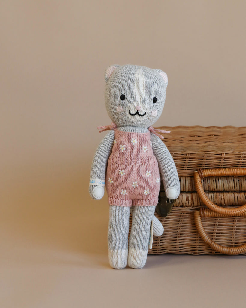Cuddle + Kind Daisy the Kitten is a hand-knit gray cat doll made from premium cotton yarn, dressed in a pink dress with white flowers, standing upright before a wicker basket on a beige background.