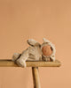 The Olli Ella Cozy Dinkum Doll - Lamby Pip is a plush lamb with a round brown face and beige, fuzzy bunny-eared outfit, shown lying on its side on a wooden bench against a plain light brown background.